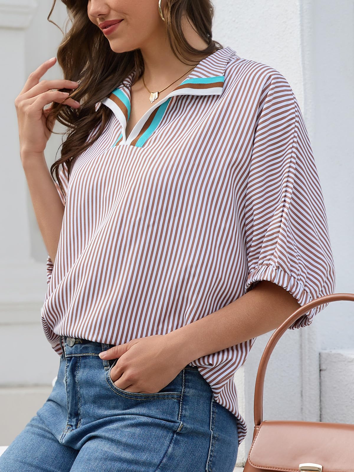 Women's Batwing Dolman Sleeve Top Summer Casual V Neck Striped Collared Shirt Oversized Blouses