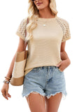 Women's Summer Tops 2026 Waffle Knit Short Sleeve T-Shirts Casual Loose Fit Crewneck Lace Hollow Out Blouses