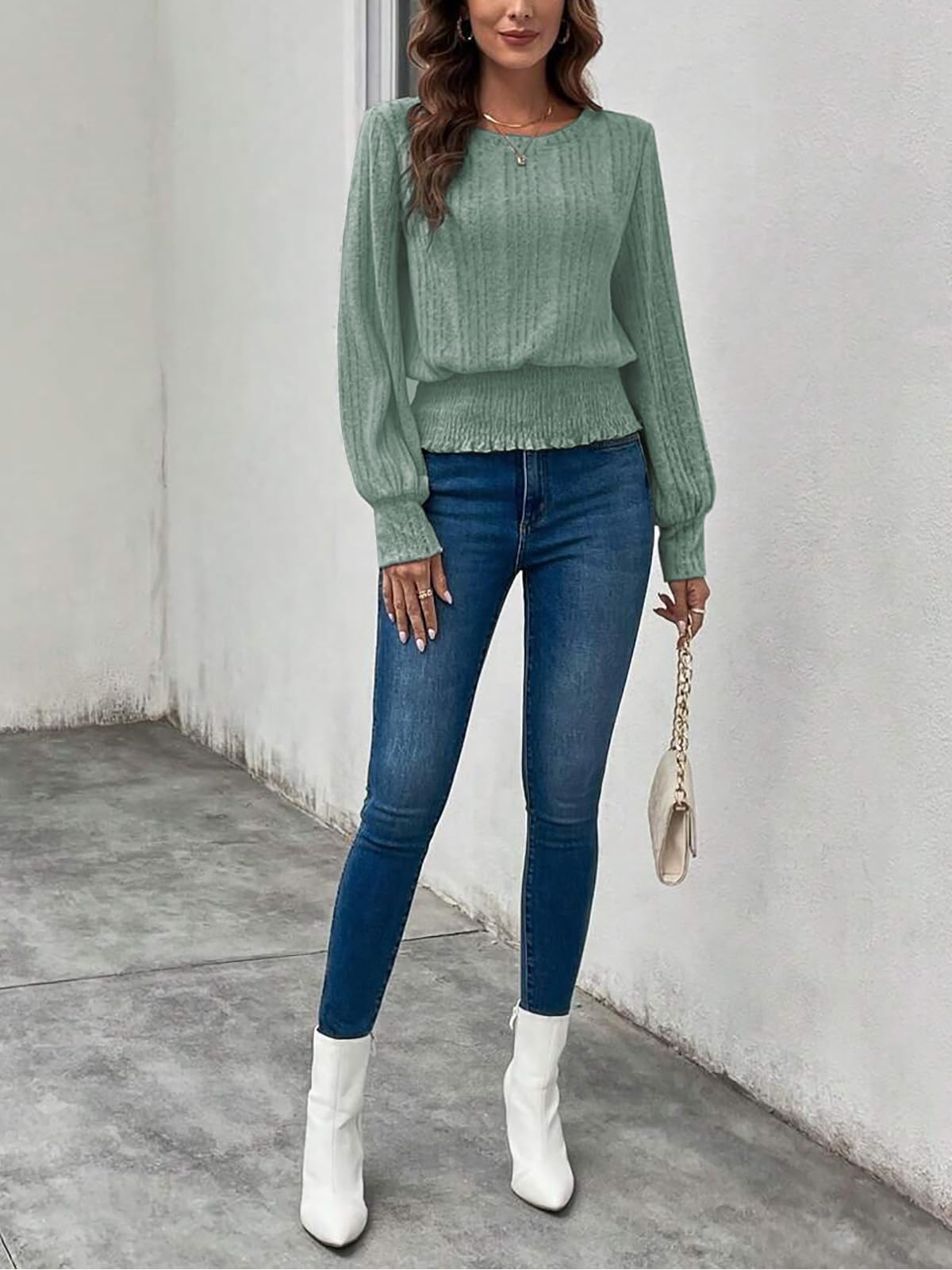 Casual Shirt for Women Long Sleeve Fall Tunic Tops Trendy Sweaters Smocked Waist Loose Fit Blouse