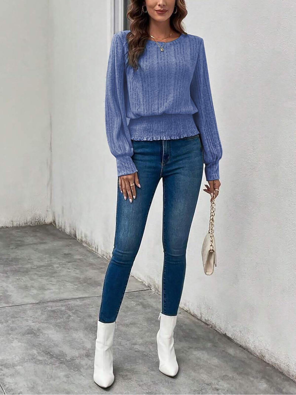 Casual Shirt for Women Long Sleeve Fall Tunic Tops Trendy Sweaters Smocked Waist Loose Fit Blouse