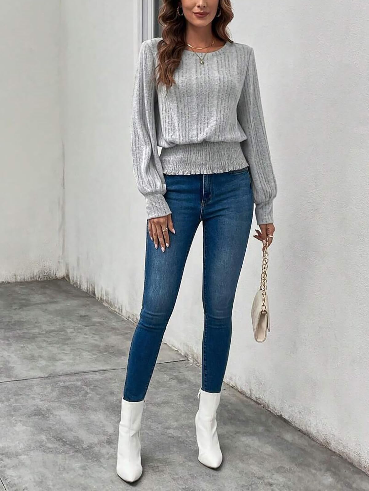 Casual Shirt for Women Long Sleeve Fall Tunic Tops Trendy Sweaters Smocked Waist Loose Fit Blouse