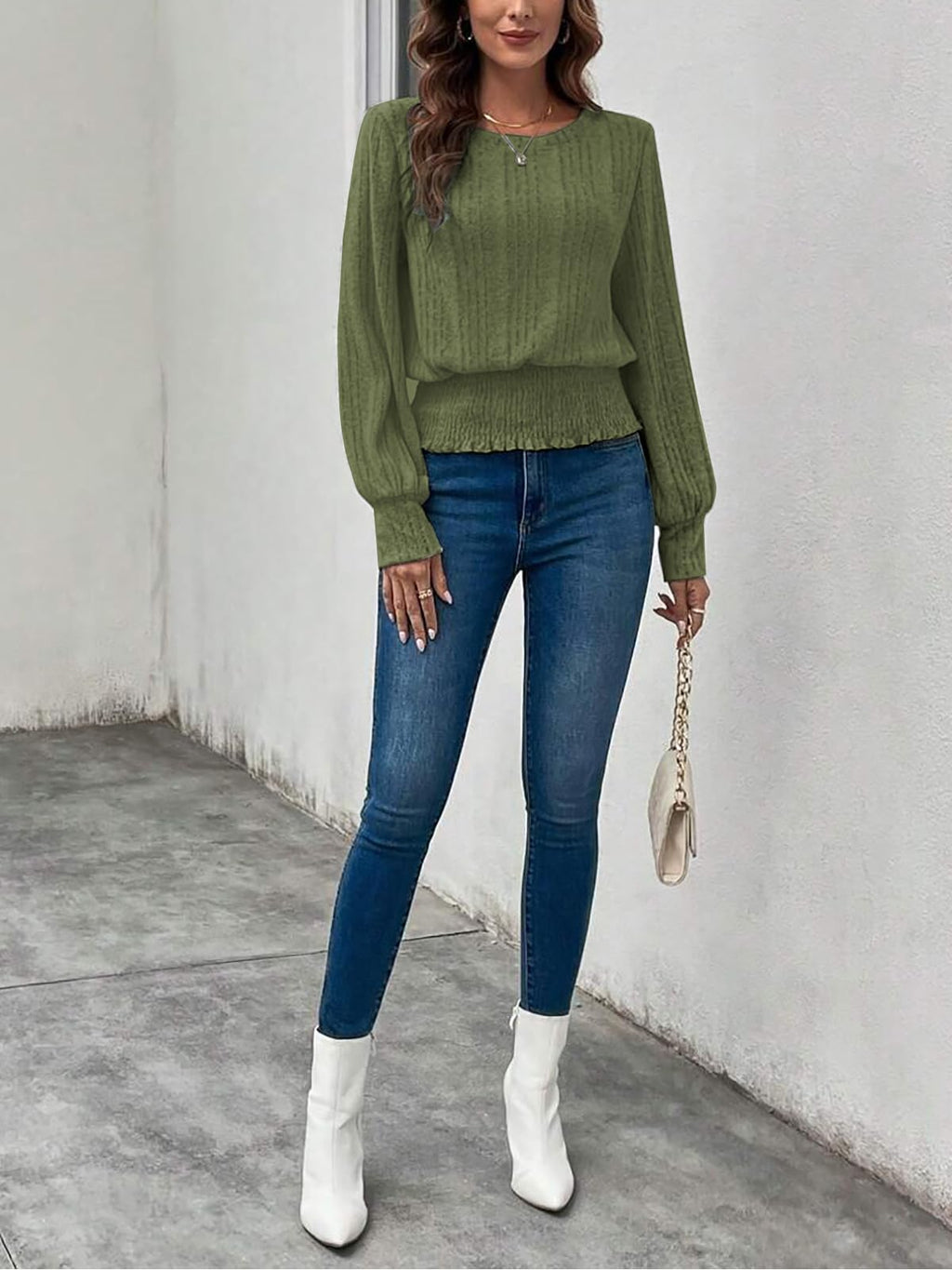 Casual Shirt for Women Long Sleeve Fall Tunic Tops Trendy Sweaters Smocked Waist Loose Fit Blouse