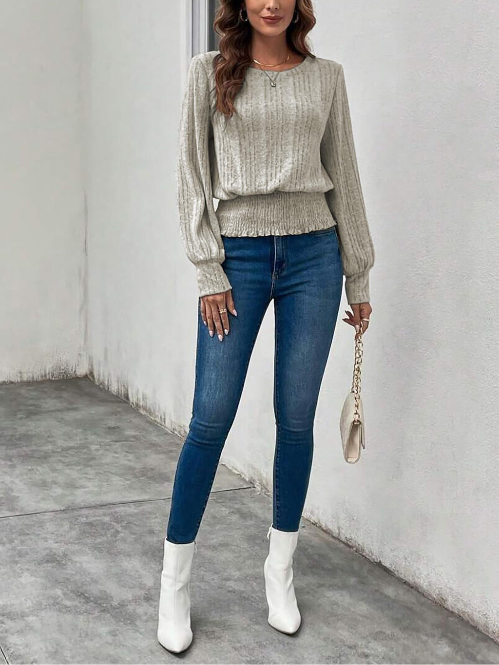 Casual Shirt for Women Long Sleeve Fall Tunic Tops Trendy Sweaters Smocked Waist Loose Fit Blouse