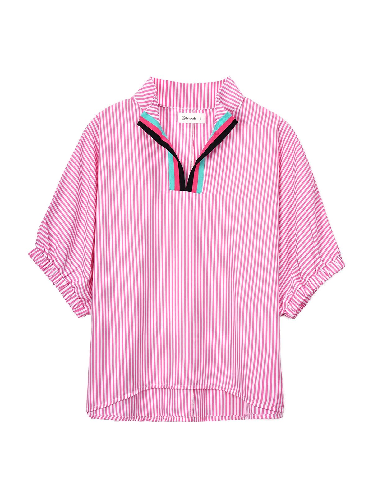 Women's Batwing Dolman Sleeve Top Summer Casual V Neck Striped Collared Shirt Oversized Blouses